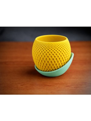 Belirtilmemiş 3D Baskı Küre Saksı - Kafes Dokulu Iki Parçalı Dekoratif Saksı - Sarı-Mint