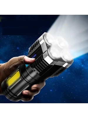 Ultra Parlak El Feneri USB Şarj 4 Led+Yan Cob LED Taktik Günlük Hayat Kamp Avcılık El Feneri ( Lisinya )