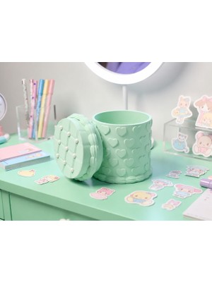 Bezos 3D Baskı Kabartma Kalp Desenli Kapaklı Kalemlik - Masaüstü Organizer - Mint