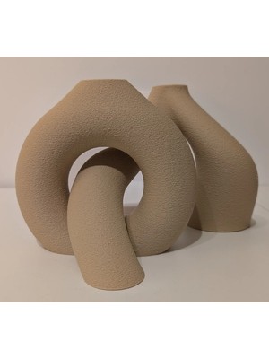 Bezos 3D Baskı 2li Organik Formlu Vazo Seti Kum Dokulu Modern Kuru Çiçeklik Bej Dekoratif Ikili Set
