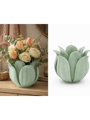 Bezos 3D Baskı Lotus Yapraklı Vazo - Dekoratif Çiçeklik-Mint
