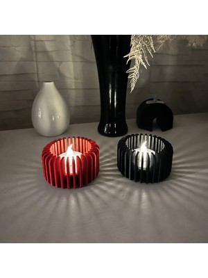 Bezos 3D Baskı Modern Çizgili Mumluk - Tealight Mumluk (1 Adet)-Kırmızı