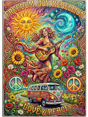 Tablomega Hippie Love Peace Güneş Karavan Dekoratif Kanvas - Mdf Ahşap Tablo