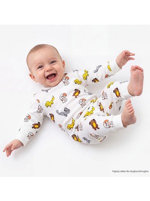 Hellobaby Erkek Bebek Pijama Takımı Hayvan Baskılı Çıtçıtlı Bisiklet Yaka Long Sleeve Ribanalı