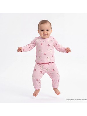 Hellobaby Kız Bebek Pijama Takımı Tavşan Baskılı Çıtçıtlı Bisiklet Yaka Long Sleeve Ribanalı