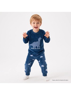 Hellobaby Erkek Bebek Kadife Pijama Takımı Hayvan Baskılı Çıtçıtlı Bisiklet Yaka Uzun Kol Ribanalı