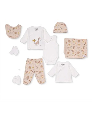 Hellobaby Erkek Bebek 10LU Hastane Çıkışı Hayvan Baskılı Çıtçıtlı Zarf Yaka Uzun Kol Patikli