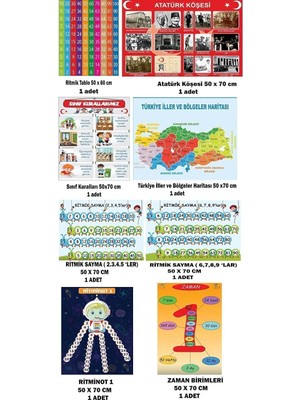 Okul Posteri 8 Parça Vinil Baskı Set (Atatürk Köşesi, Türkiye Haritası, Ritmik Tablo, Sınıf