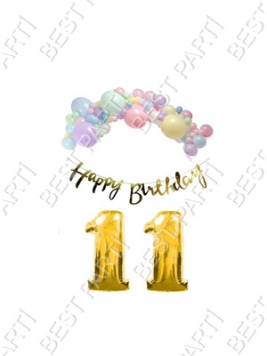Happy Bırthday Yazılı Kaligrafi Banner Makaron Balon Seti 11 Yaş Gold Set Doğum Günü