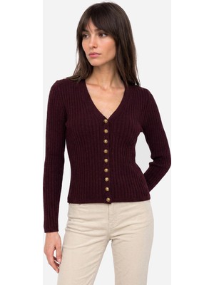 Mudo Kadın Bordo Fitted V Yaka Hırka
