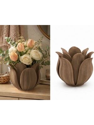 3D Baskı Lotus Yapraklı Vazo - Dekoratif Çiçeklik-Kahverengi