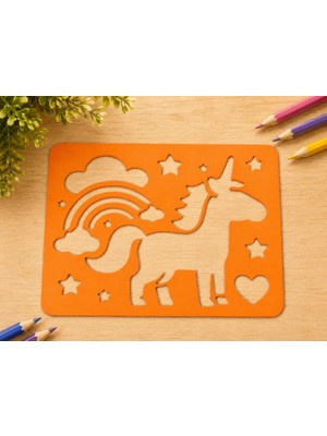 Bezos 3D Baskı Unicorn ve Gökkuşağı Çizim Şablonu - Desen Kalıbı - Turuncu