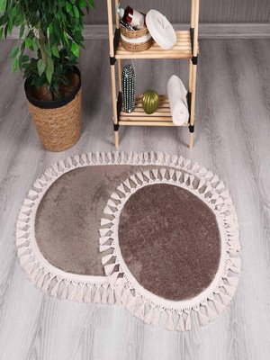 My Evilla Modern Simirna Dekoratif Peluş Oval Ponpon Saçaklı Klozet Takımı Vizon