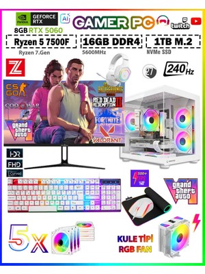 Zeiron Warrior Mini X55 White Pro⚡R5 7500F⚡16GB⚡DDR5⚡1TB M.2 SSD⚡RTX5060⚡27" 240Hz Kule Tipi Fan Premium Oyuncu Bilgisayar