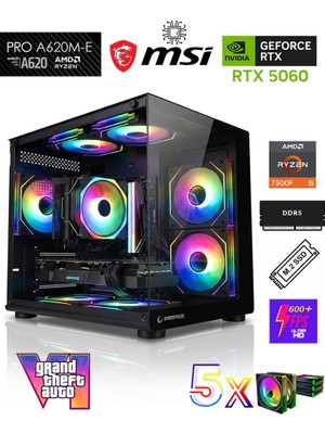Zeiron GTA-VI Black AMD Ryzen 5 7500F-MSI A620M-B/Geforce RTX 5060 X2 Ice/1TB M.2/16GB DDR5 Siyah-Oem Oyuncu Paket