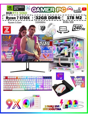 Zeiron Warrior Eagle X55 White Pro Ryzen 7 5700X 32GB 1TB M.2 SSD⚡RTX5060⚡27" 240Hz Sıvı Soğutmalı Premium Oyuncu Bilgisayar