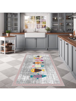 West Home Gri Dijital Baskılı Yıkanabilir Mutfak Halısı 80 x 150 cm Kaymaz Taban ile Modern Tasarım