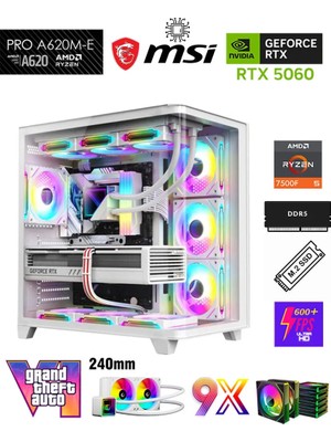 Zeiron Mirage X50 White AMD Ryzen 5 7500F-MSI A620M-B/ Geforce RTX 5060 X2 Ice/1TB M.2/16GB DDR5 Sıvı Soğutmalı Beyaz-Oem Oyuncu Paket