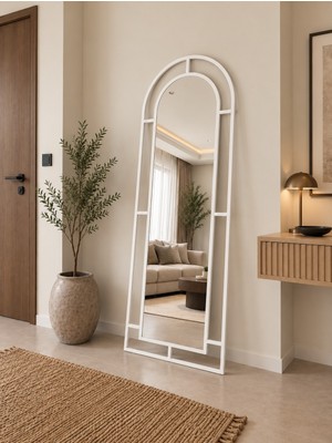 Beyaz Metal Çerçeveli 180 x 70  cm  Pencere Model Oval Ayaklı Boy Aynası