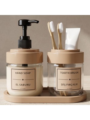 LE Paris 2’li Cam Sıvı Sabunluk ve Diş Fırçalık | Standlı Cam Banyo Organizer Seti 2’li | 425 ml x 2