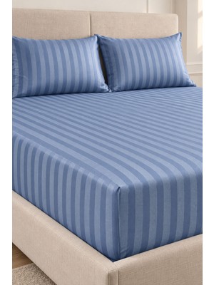 Varol %100 Pamuk Saten Stripe Battal Boy (King Size) Lastikli Çarşaf Takımı – 30 cm – 2 Yastık Kılıfı – 180X200 - Indigo