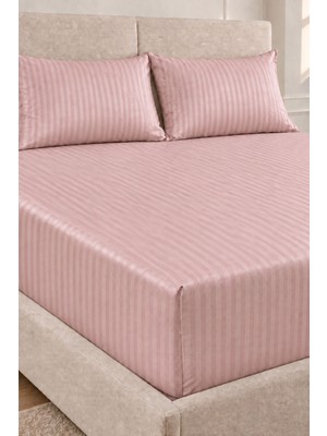 Varol %100 Pamuk Saten Stripe Battal Boy (King Size) Lastikli Çarşaf Takımı – 30 cm – 2 Yastık Kılıfı – 180X200 - Pudra