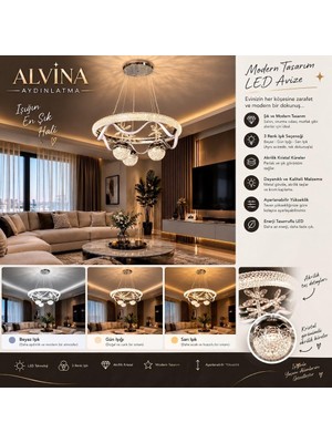 Alvina Aydınlatma Modern Akrilik Taşlı 3 Renk Işık Modu Krom Kaplama Ledli Avize