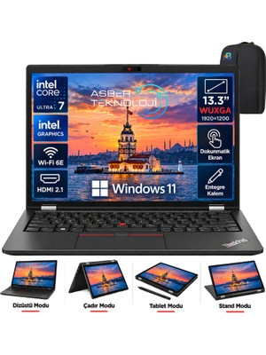 Lenovo Thinkpad L13 Yoga Intel Core Ultra 7 165U 32GB 512GB SSD 13.3" Wuxga IPS Dokunmatik+Kalem Win 11 Pro Notebook Asbertech Çanta
