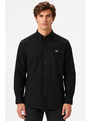 Lacoste Mens Slim Fit Black Shirt Dar Kesim Pamuklu Erkek Gömlek Siyah