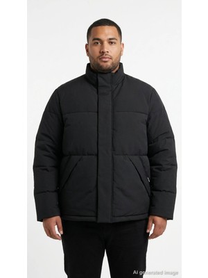Jack & Jones Erkek Mont Siyah Şişme Fermuarlı Çıtçıtlı Dik Yaka Kışlık Kalın Rahat Model 12304945