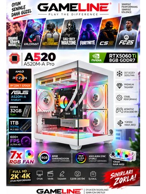 Gameline Gaming Pc | Amd Ryzen 7 5700X | Asus Prıme A520M | Rtx 5060Tİ 8gb | 32GB Ram | 1tb M.2 Nvme SSD |240MM Sıvı Soğutmalı Masaüstü Oyuncu Bilgisayarı