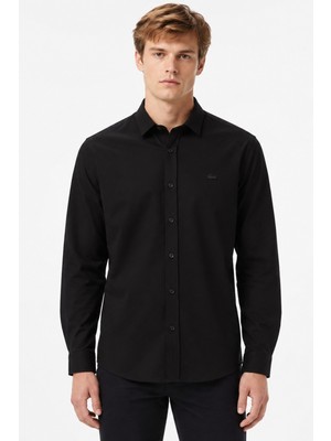 Lacoste Mens Slim Fit Black Cotton Shirt Dar Kesim Pamuklu Erkek Gömlek Siyah