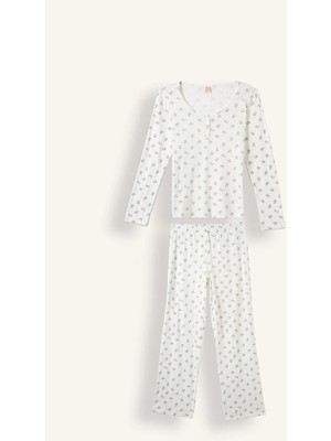 DeFacto Çiçekli Düğme Detaylı Regular Fit Uzun Kollu 2'li Pijama Takımı F9837AX25AU