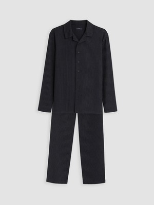 LC Waikiki Erkek Pijama Takımı Siyah Çizgili Uzun Kollu Düğmeli Rahat Kesim Pamuklu Ev Kıyafeti W62734B8