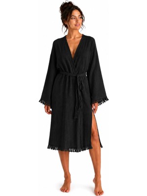 Mulberry Bohemia Müslin Kimono Bornoz – Püskül Detaylı Yırtmaçlı Spa & Plaj Kimonosu