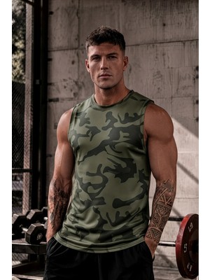 Serablanka Erkek Nem Emici Hızlı Kuruma Atletik Teknik Sporcu Sıfır Kol T-Shirt Haki