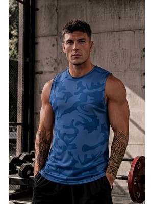 Serablanka Erkek Nem Emici Hızlı Kuruma Atletik Teknik Sporcu Sıfır Kol T-Shirt Mavi