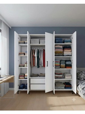 GUBIMO121 - 5 Kapılı Modüler Gardırop Beyaz - 2 Çekmeceli ve Raf Ağırlıklı Elbise Dolabı