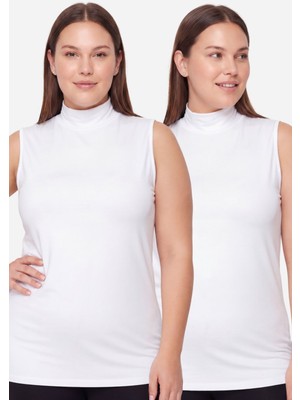 Arma Yıldız Kadın Büyük Beden Balıkçı Yaka Kolsuz Body Beyaz 2'li Paket