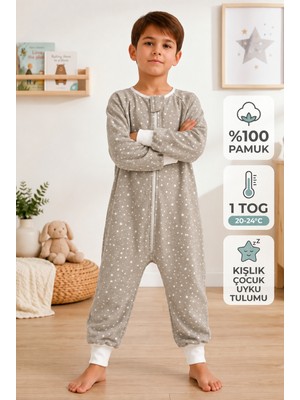 Rukiye Yavuz Pamuk Pazen %100 Pamuk Çift Kat Pazen Kışlık Kollu Bebek Uyku Tulumu 1 Tog 20-24 Derece Elyafsız Yıldız Desenli Unisex - Oeko-Tex