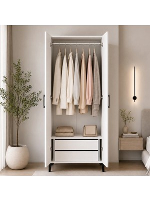 GUBIMO102 - 2 Kapaklı Modüler Gardırop Beyaz – Çekmeceli ve Askılıklı Elbise Dolabı