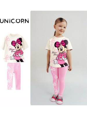 Moda Rüyası Kız Çocuk Minnie Mouse Baskılı Beyaz Tişört Pembe Fiyonklu Taytlı 2’li Takım