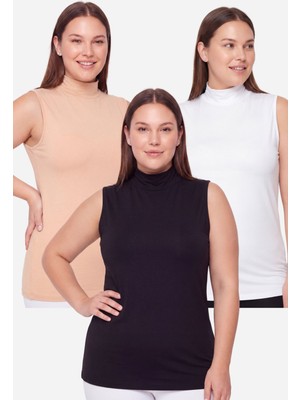 Arma Yıldız Kadın Büyük Beden Balıkçı Yaka Kolsuz Body Renkli 3'lü Paket