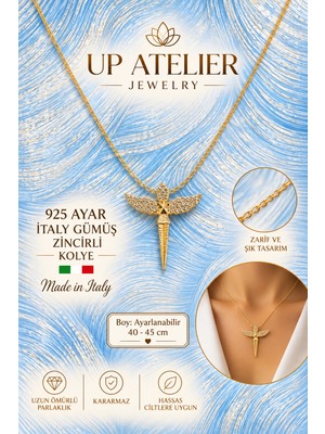 Up Atelier 925 Ayar Gümüş Ithal Zincirli Zirkon Taşlı Uçan Melek Kolye 40-45CM Ayarlanabilir