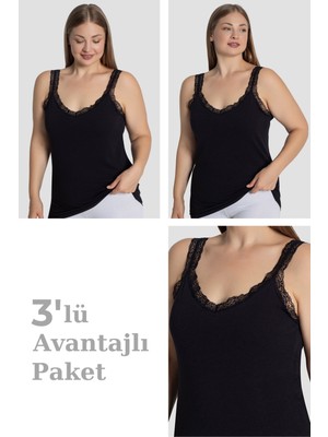 Arma Yıldız Kadın Büyük Beden Pamuklu Dantelli Atlet Esnek ve Rahat Siyah 3'lü Paket