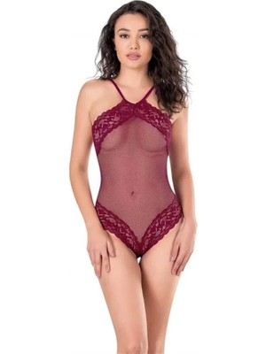 Veraura Lifestyle Dantel Işlemeli Bordo File Tül Bodysuit