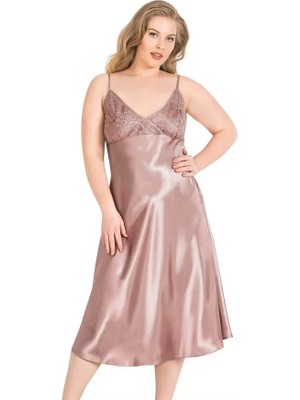 Ang Butik Büyük Beden Vizon Uzun Saten Gecelik