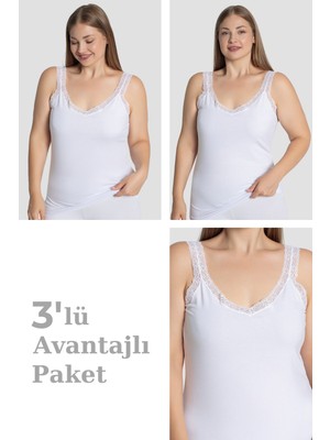 Arma Yıldız Kadın Büyük Beden Pamuklu Dantelli Atlet Esnek ve Rahat Beyaz 3'lü Paket