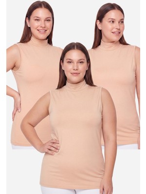 Arma Yıldız Kadın Büyük Beden Balıkçı Yaka Kolsuz Body Ten 3'lü Paket