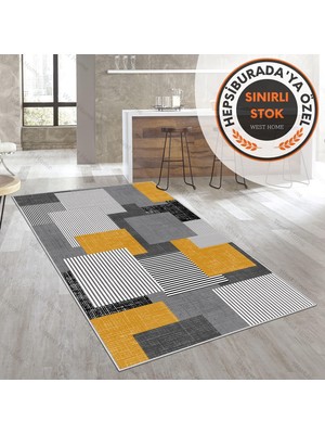 West Home Yıkanabilir Dijital Baskı Halı 60 x 100 cm Modern Tema Kaymaz Taban Gold Renk